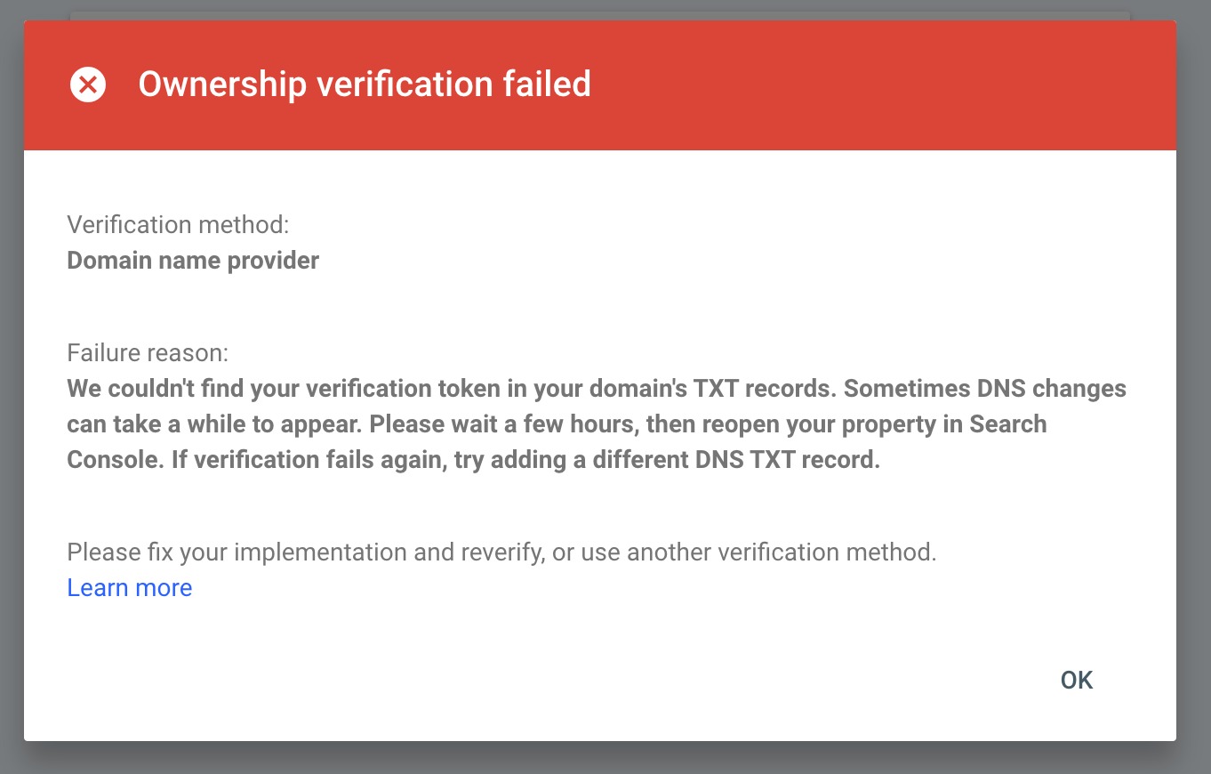 DNS ownership verification failed dialog