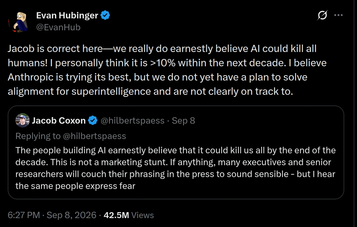Evan Hubinger's post saying there is a greater than 10% chance AI kills all humans within the next decade