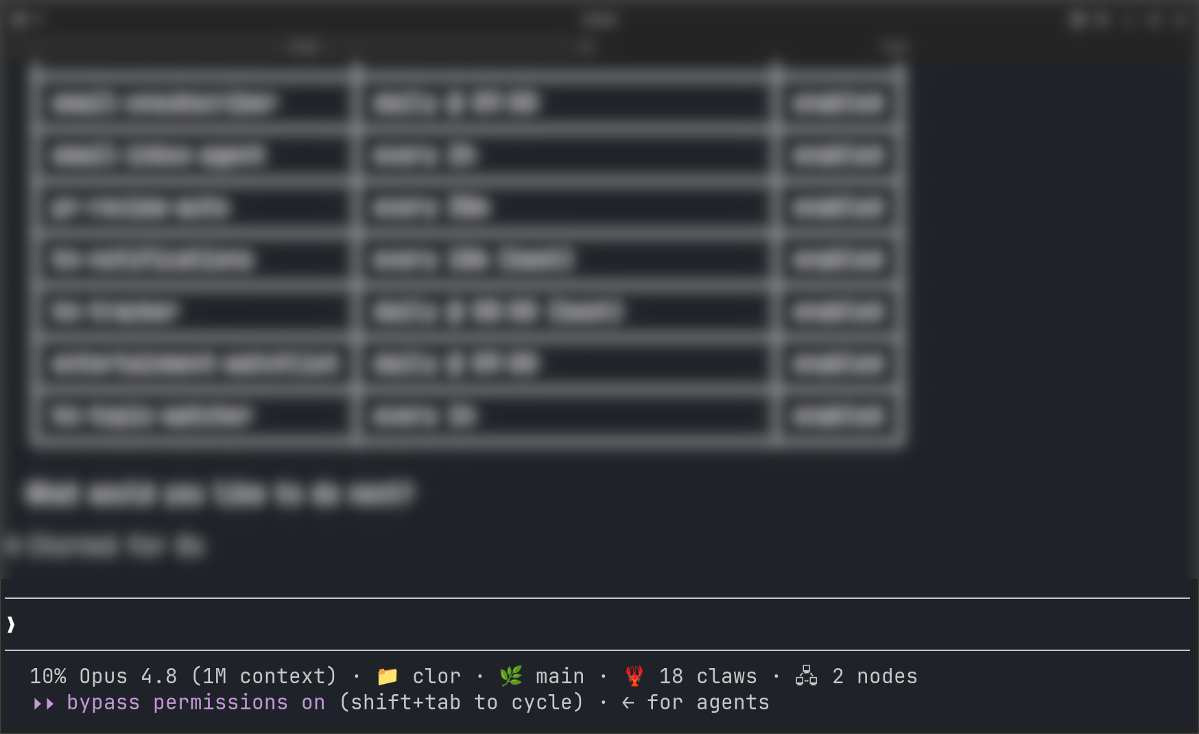 Claude status line showing Opus 4.8, the clor directory, main branch, 18 claws, and 2 nodes