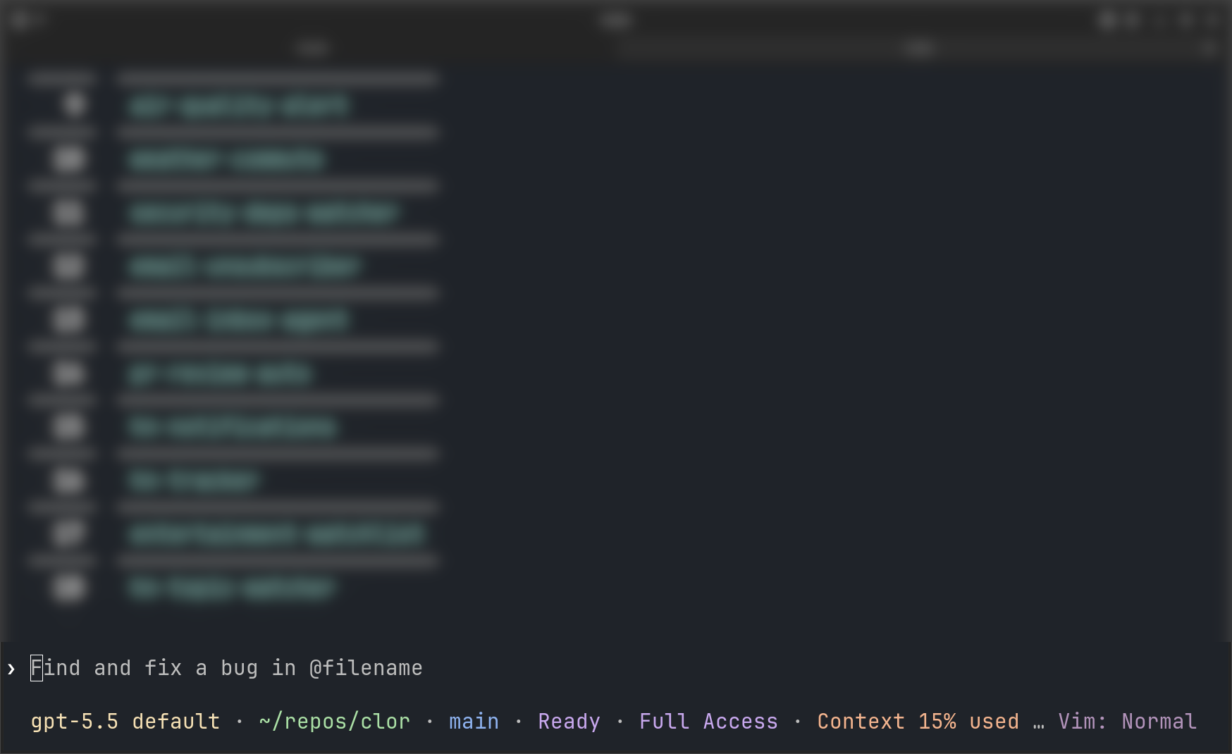 Codex status line showing gpt-5.5, the clor directory, main branch, Ready, Full Access, and 15% context used