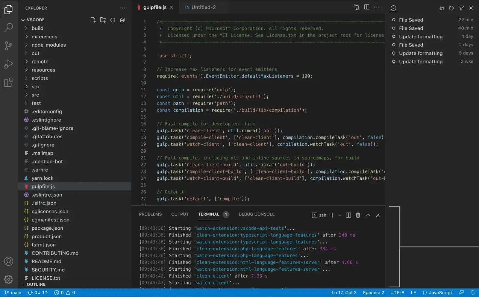 A single VS Code window with one repository open, one file being edited by hand, and one terminal running a build