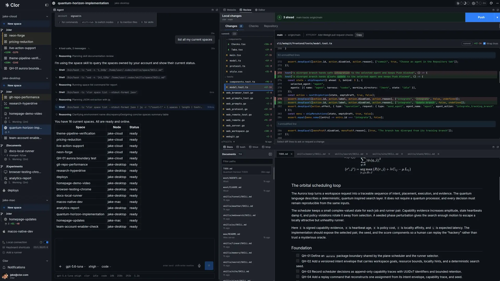 Many agent spaces running at once across several machines, with a diff, a task list, and a chat session open side by side
